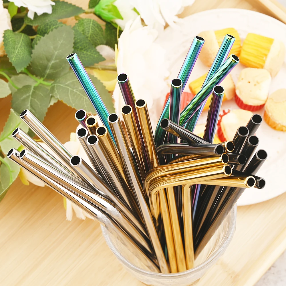 Reusable Silver Straw Set 304 Stainless Steel Straw Straight Bent Drinking With Cleaning Brush Home Bar Accessory 4/8pcs metal straw set metal straws drinking straws stainless steel straw