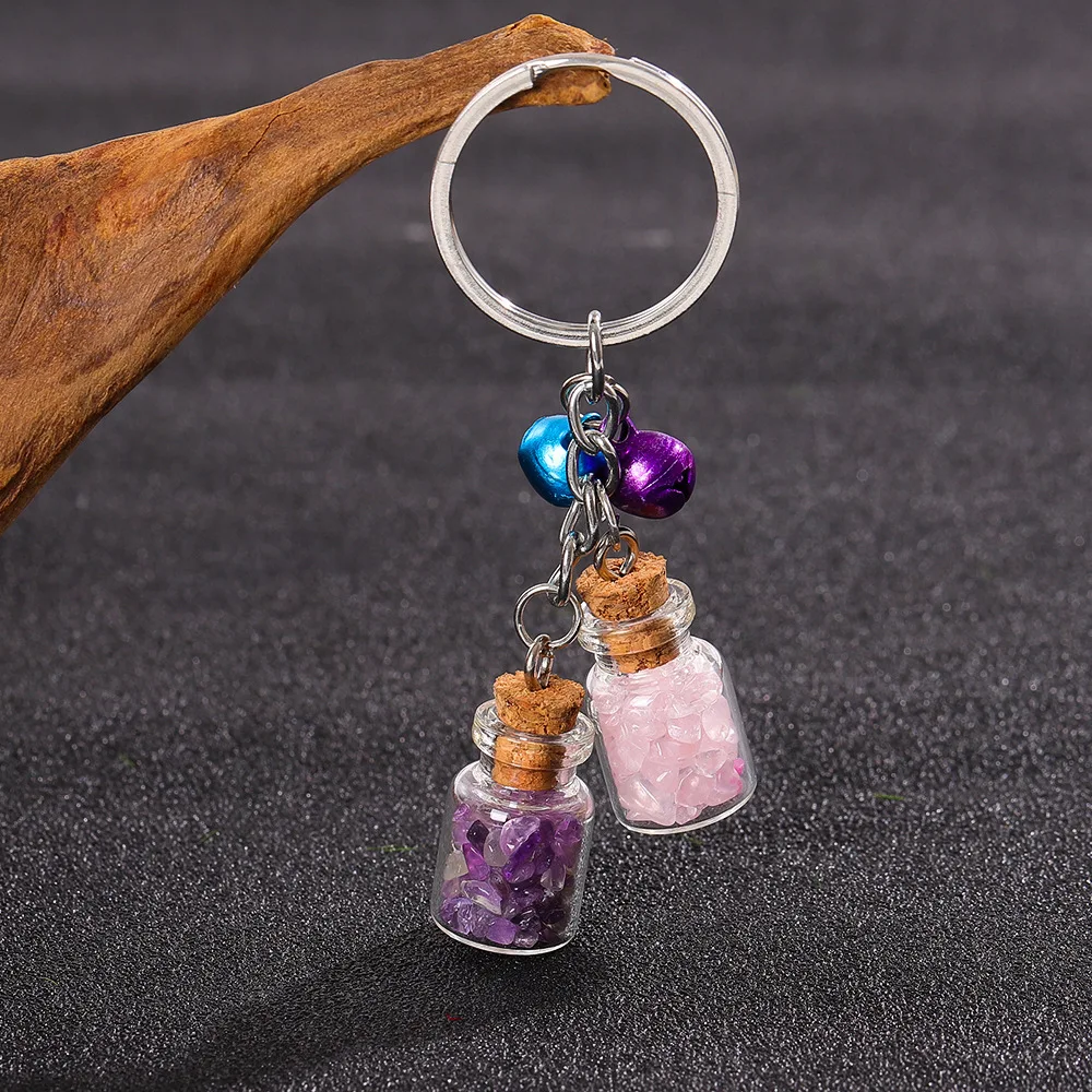 

12pcs Natural Gravel Seven Chakras Stone Drifting Bottle Keychain Amethyst Pink Crystal Wishing Bottle Keyring