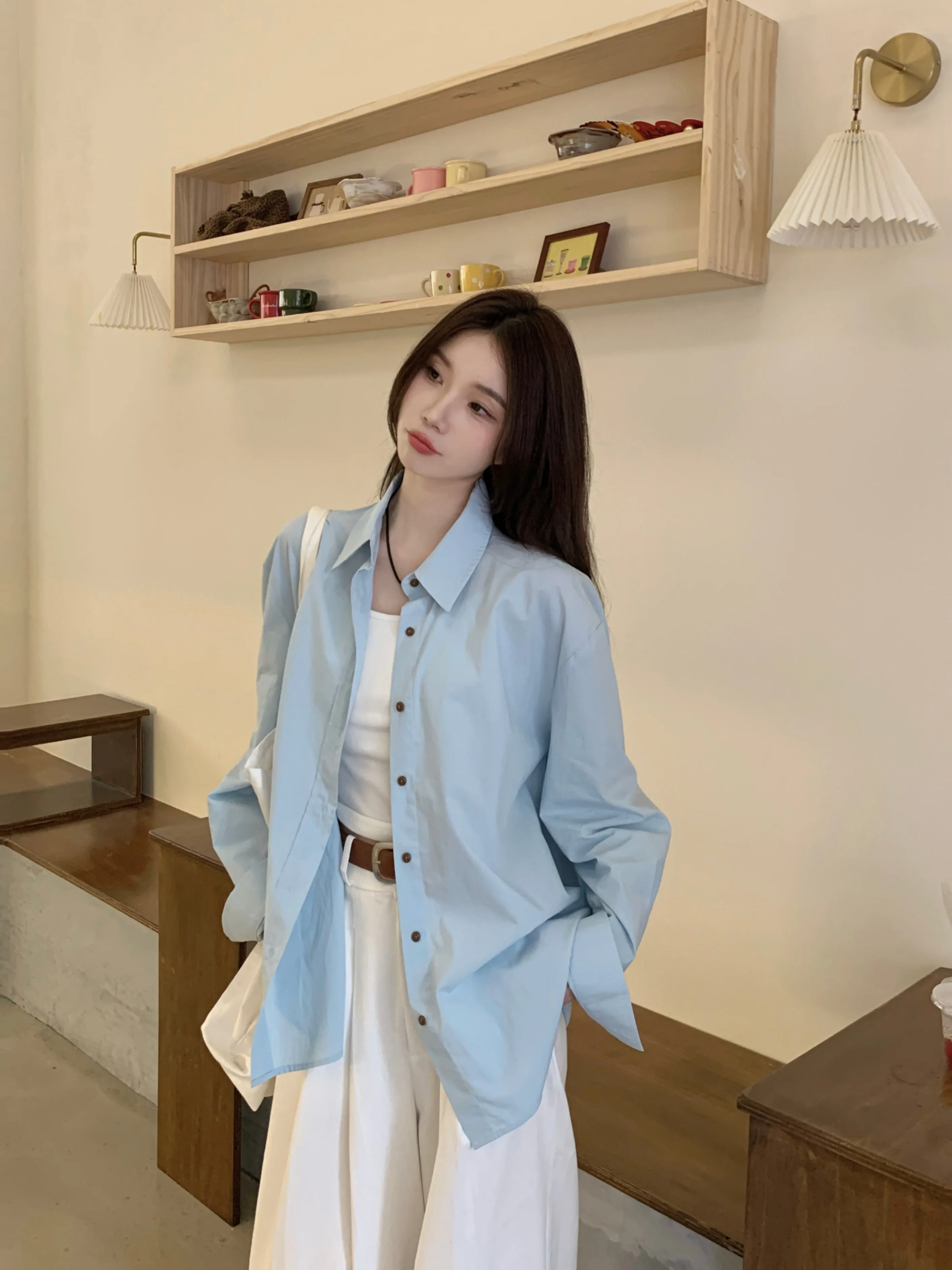 여름 여성 옷깃 캐주얼 긴 소매 셔츠 루즈핏 심플 다용도 탑 와이드 레그 팬츠 2 피스 세트 패셔너블 다용도