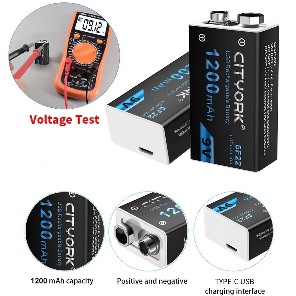 9V 6F22 1200mAh USB Rechargeable Battery With TYPE-C USB Charging Li-ion Battery For Metal Detector Multimeter Toy — view 3