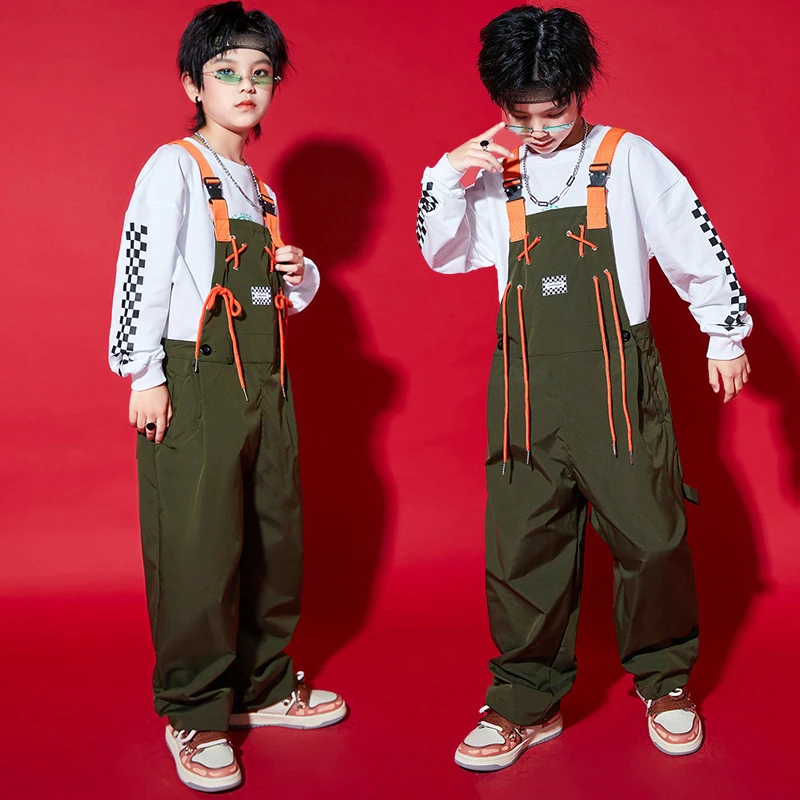 

Children Clothing Loose Shirts Green Bib Pants Streetwear For Girls Boys Jazz Dance Costumes Performance Rave Clothes DQS14959