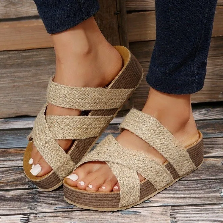 2024 Summer Women's Slippers Wedge Thick Sole Women's Shoes Outdoor Beach Slippers Fashion Flip Flop Bohemian Style Sandals36-43