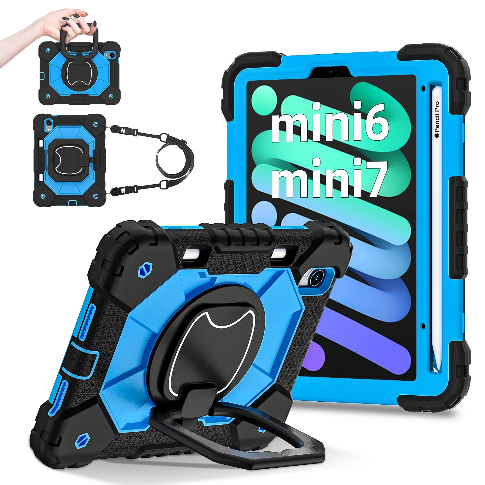 Heavy Duty Shockproof Silicone & PC Case with 360° Rotating Kickstand and Shoulder Straps