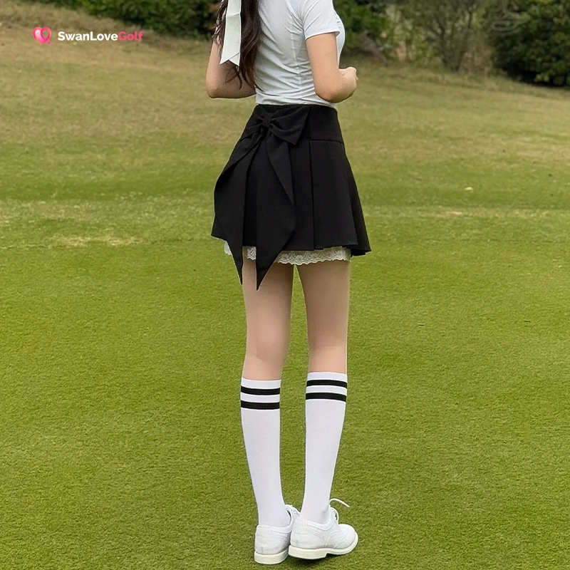 Swan Golf Skirt Women's Spring and Summer Bownot Streamer Lace Skort with Safety Shorts Pants High-end Gray Culottes Golf Wear