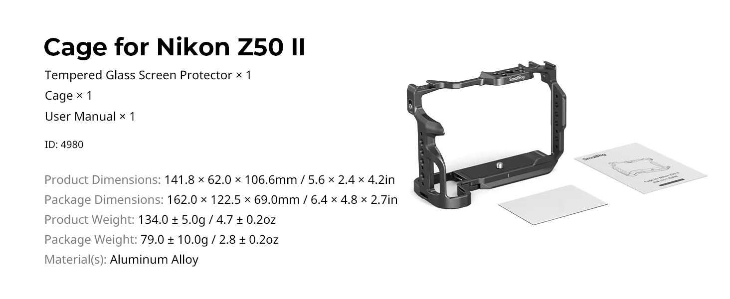 Z50 II Baseplate / Camera Cage for Nikon Z50 II with Tempered Glass Protector w