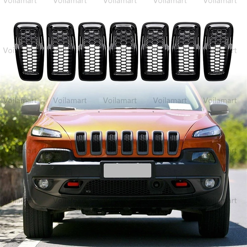 

7PCS/Set Gloss Black Car Mesh Honeycomb Front Grill Inserts Black Grille Rings Trim For Jeep Cherokee 2014-2018 Auto Accessories
