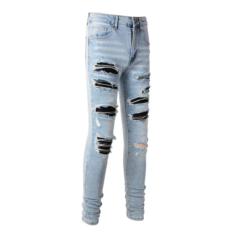 New Fashion Purple Jeans Man with Distressed Hole Patches Fashion Repair Low Rise Skinny Denim Pants 28-40 Size 3