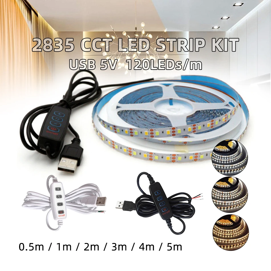 1M-5M 5V LED Strip Lights Cool Warm White Camping USB Powered Cable Light 