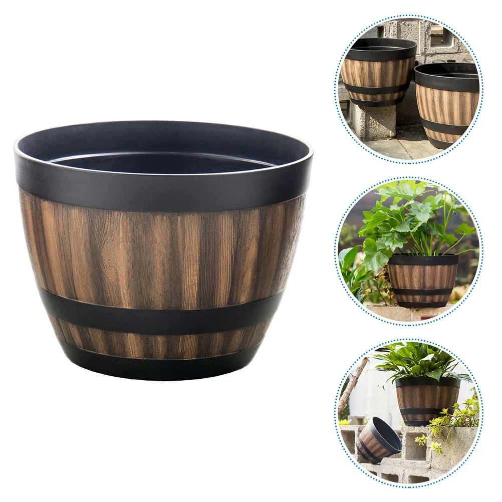 

Imitation Wooden Flower Pot Large Capacity Retro Plastic Planter Barrel Bonsai Bucket Garden Yard Decoration