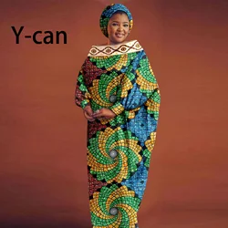 African Dresses for Women Off Shoulder Long Puff Sleeve Vestidos Match Headtie Causal Bazin Riche Ankara Cotton Wear Y2325089