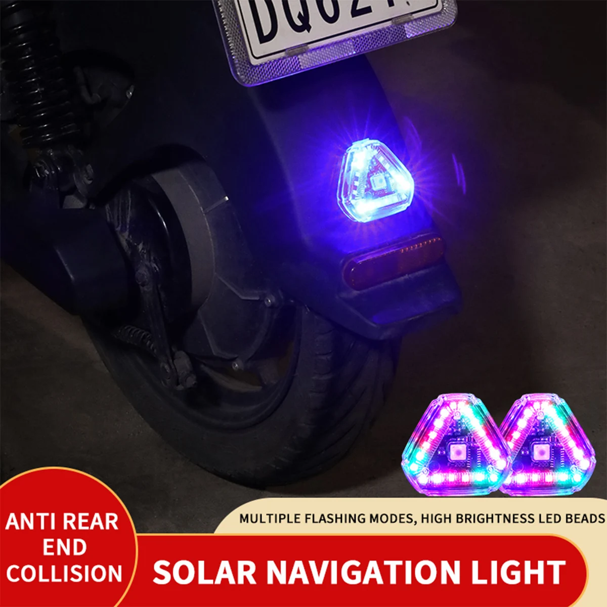 Triangles Solar Power Strobe Warning Light Motorcycle Car Motorbike Tail Colorful LED Night Rear Collision Flashing Signal