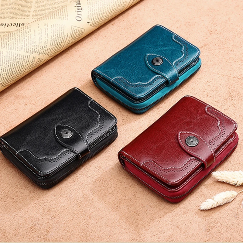 Women Retro Leather Wallet RFID Blocking Female Short Card Holder Coin Purse