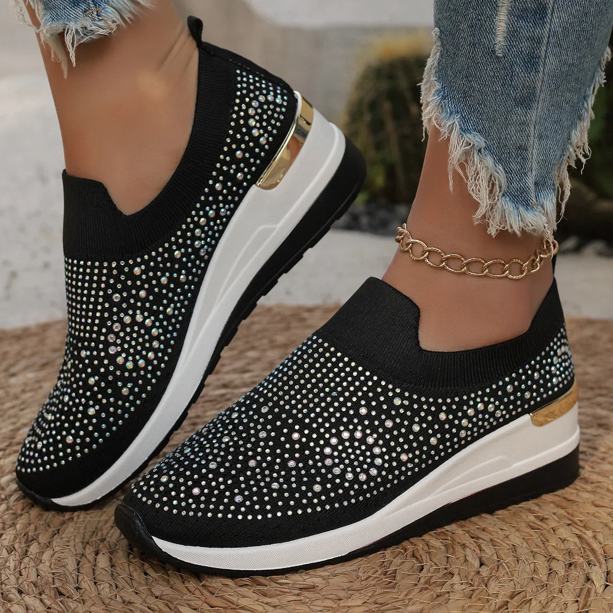 Orange Rhinestone Casual Sneakers Breathable Wedge Women - Main Image
