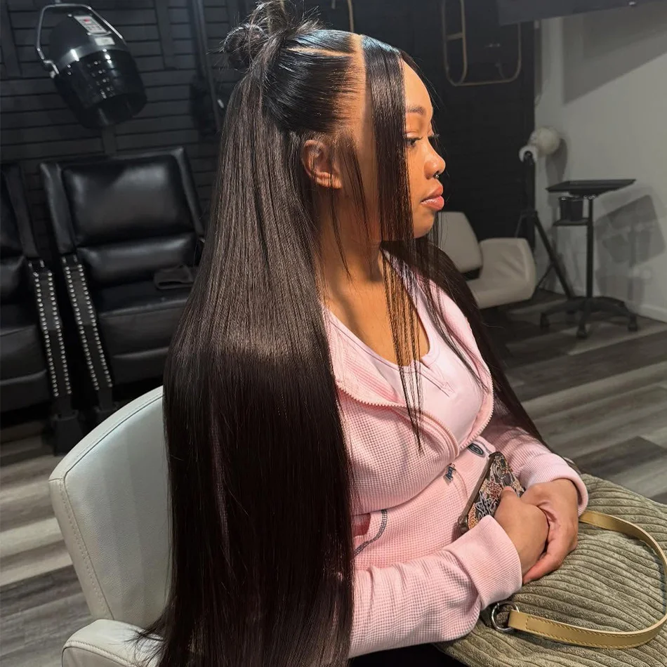 Luxury 40 Inch Extra Long 250% Density Natural Black 13x6 HD Lace Frontal Bone Straight Silky Smooth 13x4 Remy Human Hair Wigs Pre Plucked Hairline Invisible Bleached Knots Wear and Go 5x5 Glueless Closure Thick Full Ends