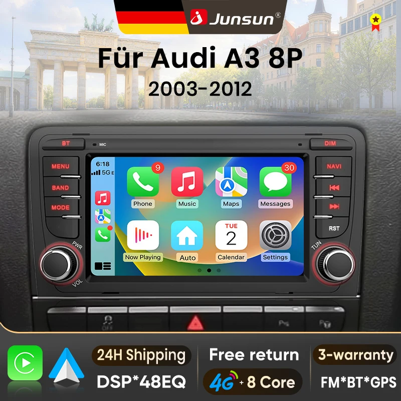 Radio para Auto Junsun de 7 Pulgadas con Android 15 para Audi A3 8P S3 2003-2012, Inalámbrico para Apple CarPlay, Pantalla Táctil IPS, Reproductor Multimedia Estéreo, Sistema Inteligente para Auto, Unidad Principal Autoradio 2 Din, Navegación GPS, BT, 4G, WIFI, 8 Núcleos, FM, DSP, RDS, SWC, DAB+ 1