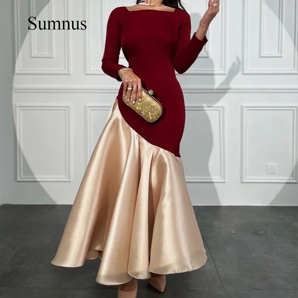 

Sumnus Saudi Arabia Mermaid Evening Dresses Long Sleeve Square Neck Draped Satin Elegant Formal Gowns for Women Customized