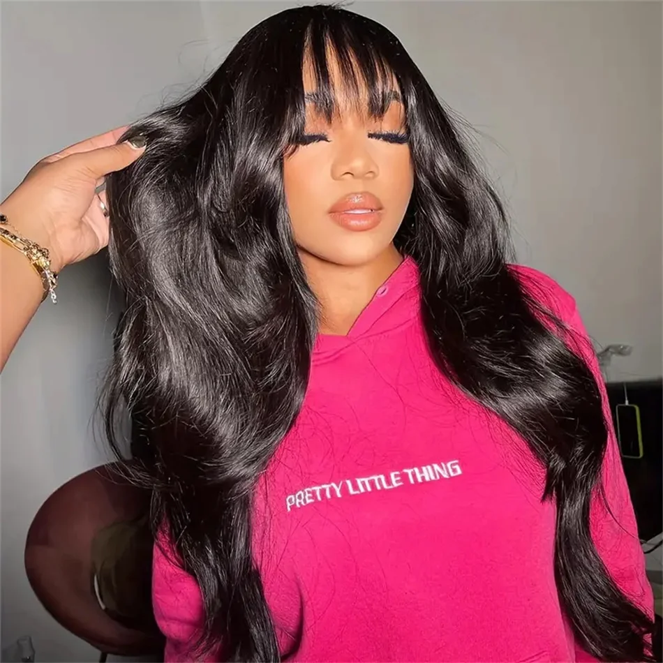 

Body Wave Human Hair Wigs With Bangs 32 Inch Full Machine Made Wig Brazilian Wavy Short Bob With Bang Human Hair Wigs For Women