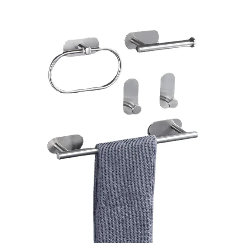 Stainless Steel No Drilling Self-adhesive Towel Bar Paper Holder Robe Hook Towel Rack Bathroom Hardware Set Black Silver Gold