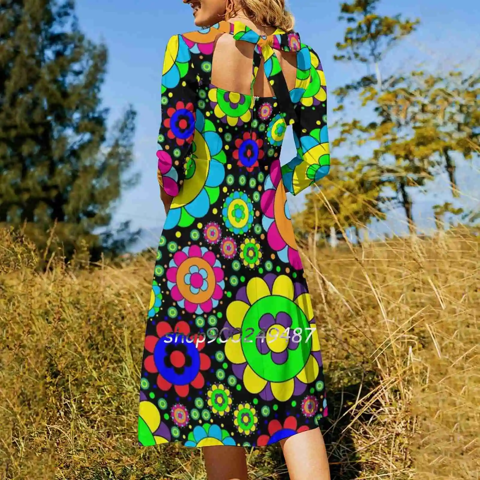 Flower Power Vintage 60S 70S Hippie Retro Flowers Flare Dress Square Neck  Dress Elegant Female Fashion Printed Dress Hippie