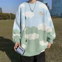 Knitted Topflocking Cloud Pattern Casual Style Loose-fit Sweater For Men Women Lightweight Yarn Clothing Crew Neck