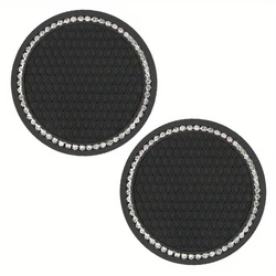Set of 2 Sparkling Round Grid Car Coasters - Non-Slip Soft Rubber with Artificial Diamonds (Black)