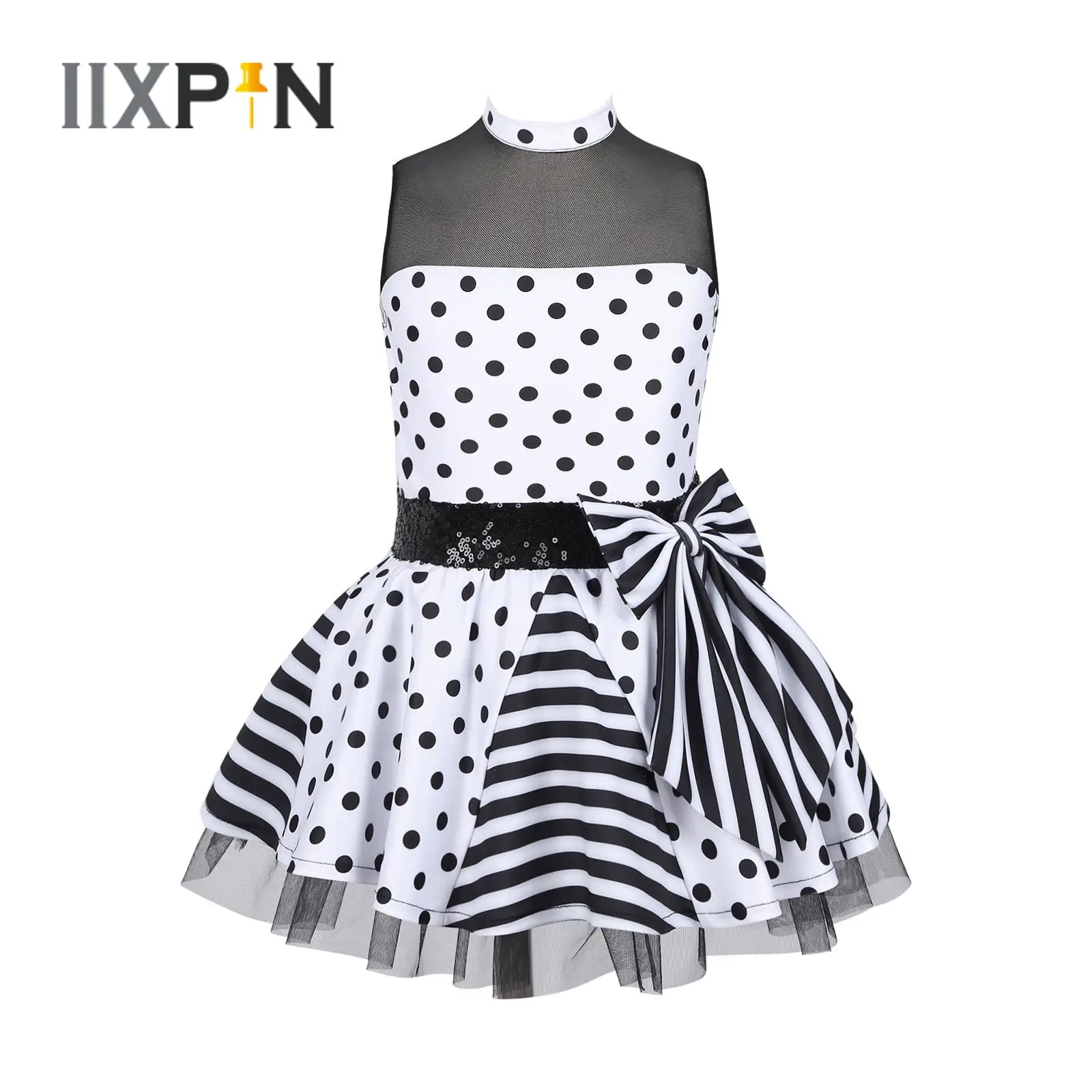 

Girls Sequins Polka Dots Print Dance Leotard Dress Kids Sleeveless Ballet Tutu Mesh Dresses Ballerina Stage Performance Costume