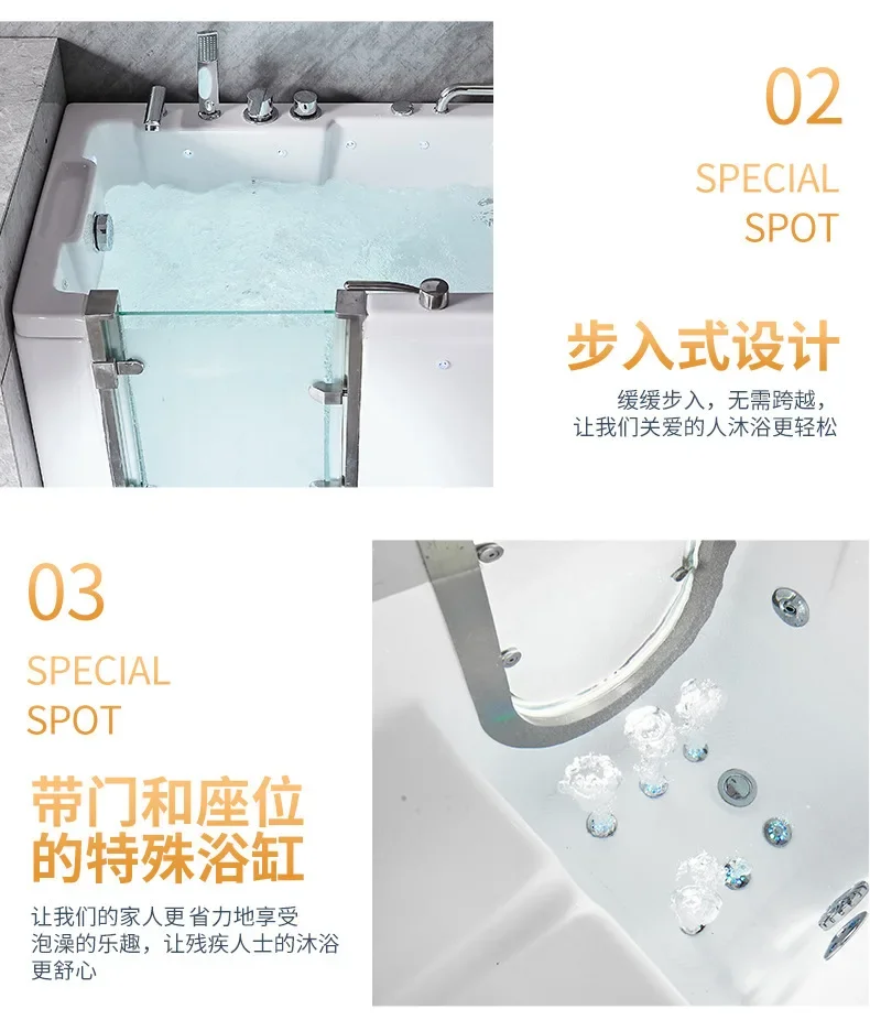 Elderly walk-in acrylic bathtub door opening cylinder square sitting bathtub side door bubble jacuzzi