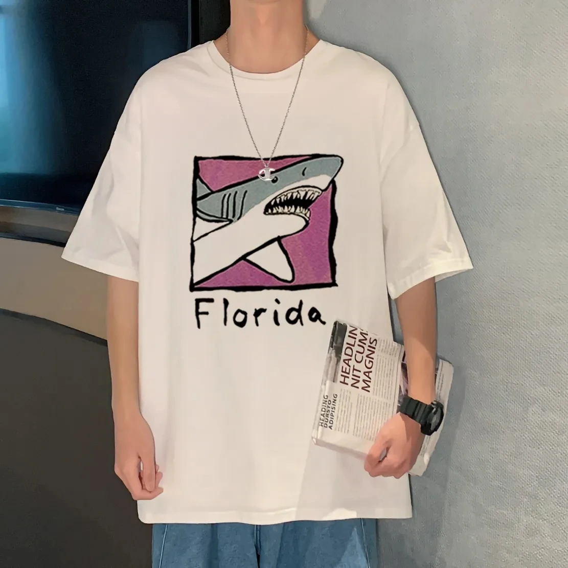 

American Printed Short Sleeve T-Shirt Men and Women Summer New Loose Cotton Half Sleeve Couple Body Shirt Fun Shark