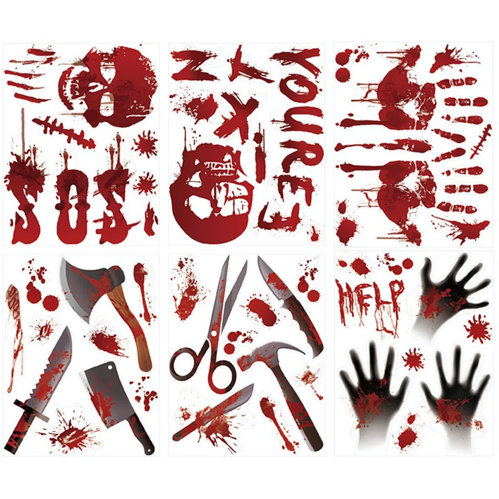 Halloween Horror Blood Footprints Handprints Removable Glass Wall Stickers Bathroom Floor Tiles Stickers Happy Halloween Party