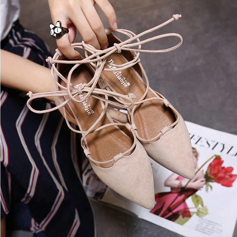 sexy cross-tied gladiator summer shoes woman pointe toe cut out flat lace up ballet flats Roman style D'orsay shoes big size 43