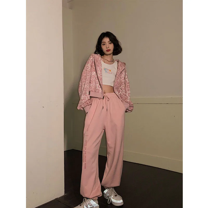 Pink Zip Hoodie Y2k Harajuku Streetwear Leopard Print Ladies Hip Hop Fashion Zipper Loose Casual Long Sleeve Top Women Ulzzang