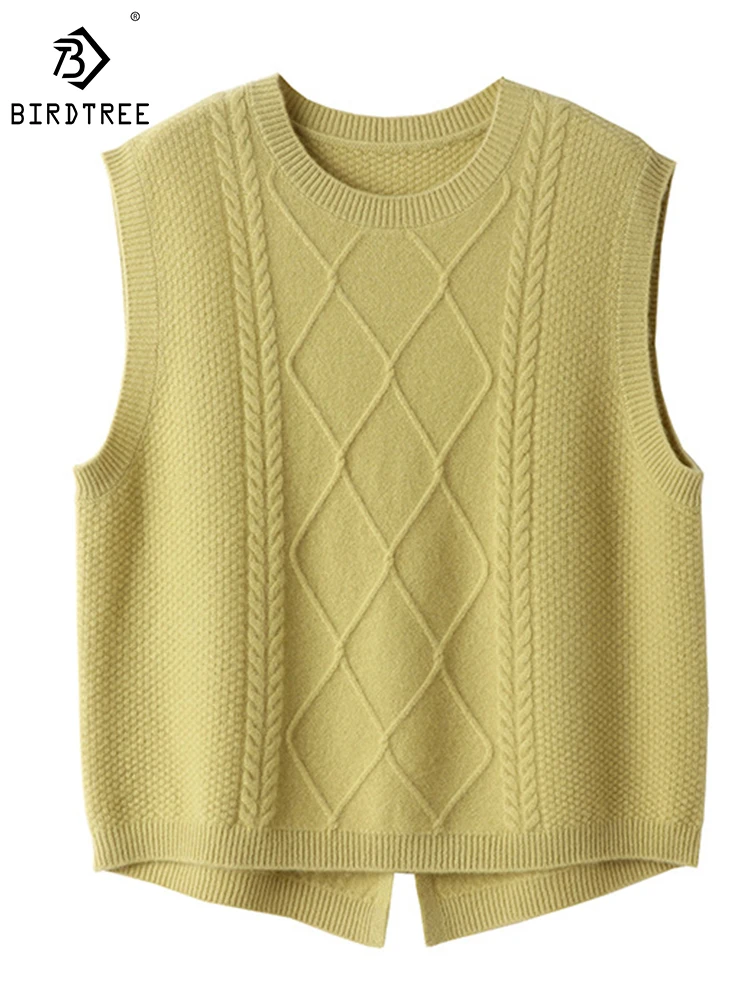 

Birdtree 100%Wool Knitted Vest Woman Round Neck Cable Loose Slim Casual Versatile Commuting Layered Vests Fall Winter T3N561QD