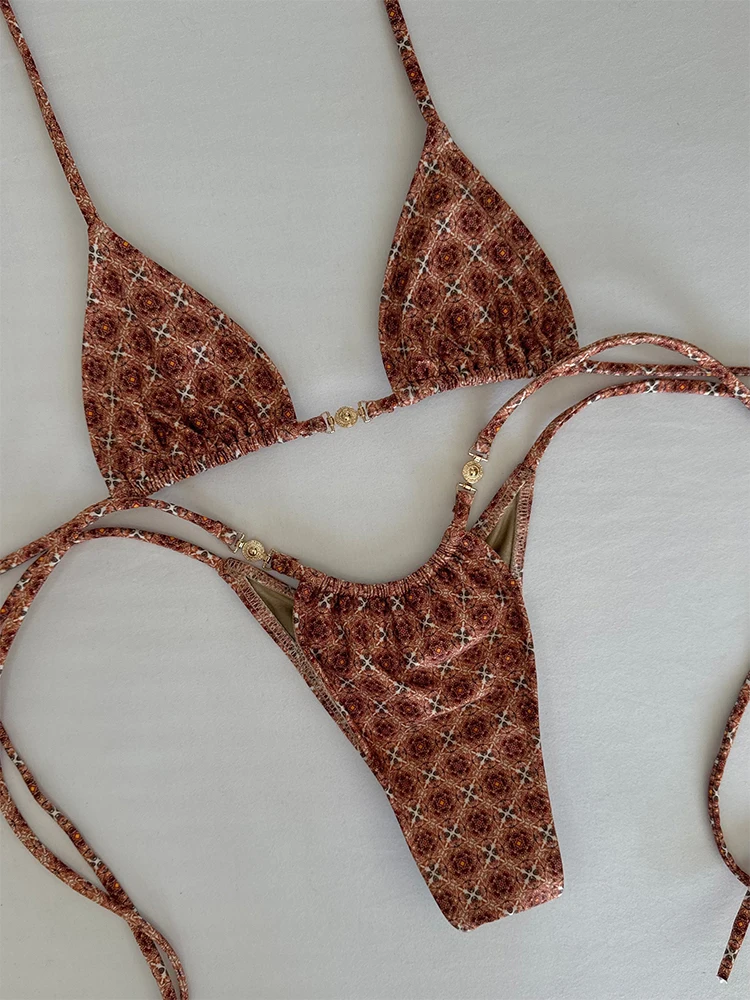 2025 New Sexy Low Waisted Micro Bikini Sets Swimsuit Swimwear Women Strappy Print Floral Halter Beachwear Bathing Suit biquini 2