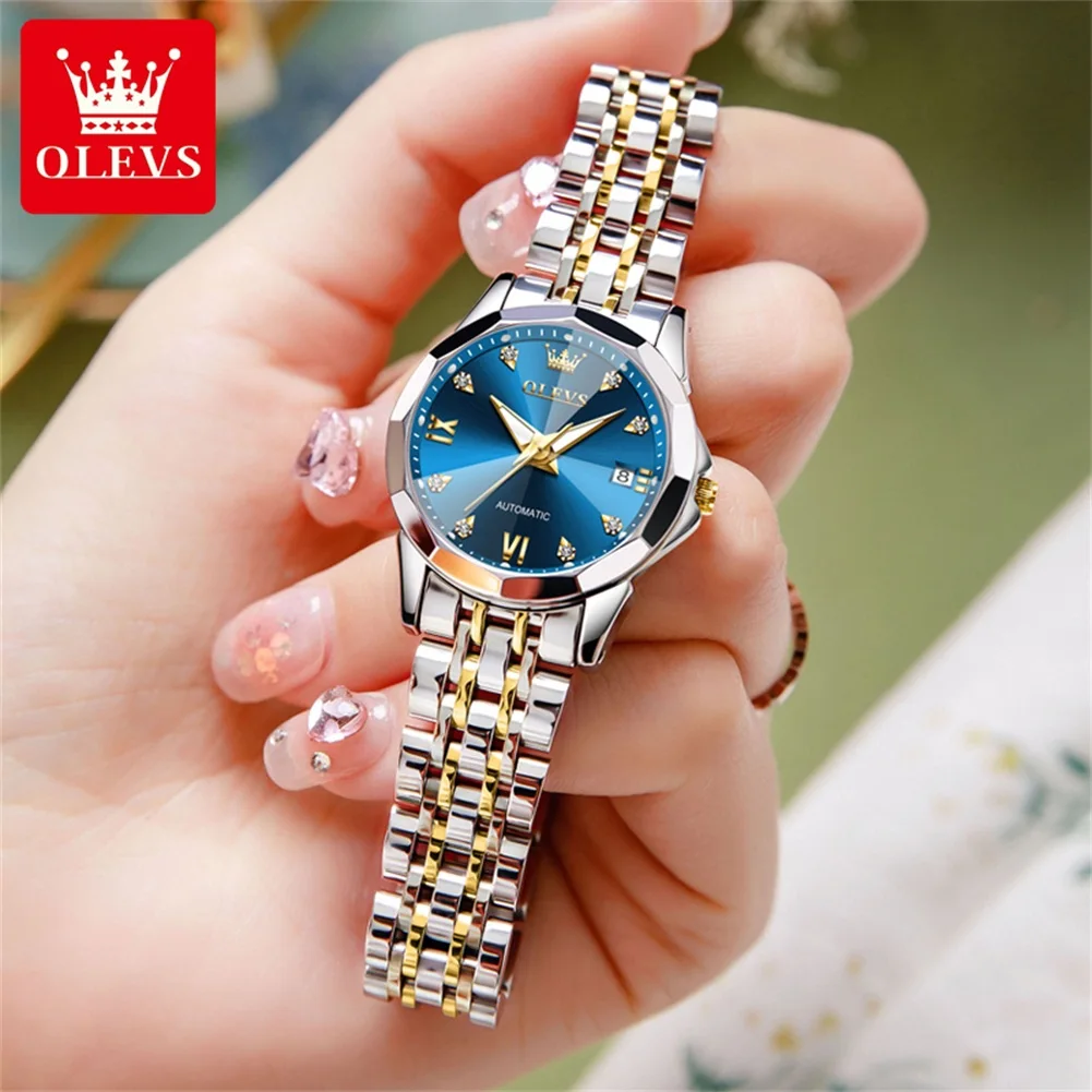 OLEVS 9982 Woman Automatic Watch Rhombus Mirror Mechanical Watch For Women Steel Strap Luxury Waterproof Date Ladies Wristwatch