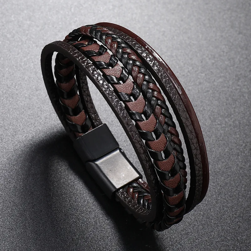 

Punk Leather Bracelet Men Multi-layer Leather Rope Woven Bracelet Leather Rope Bracelet Titanium Steel Magnetic Buckle Bracelet