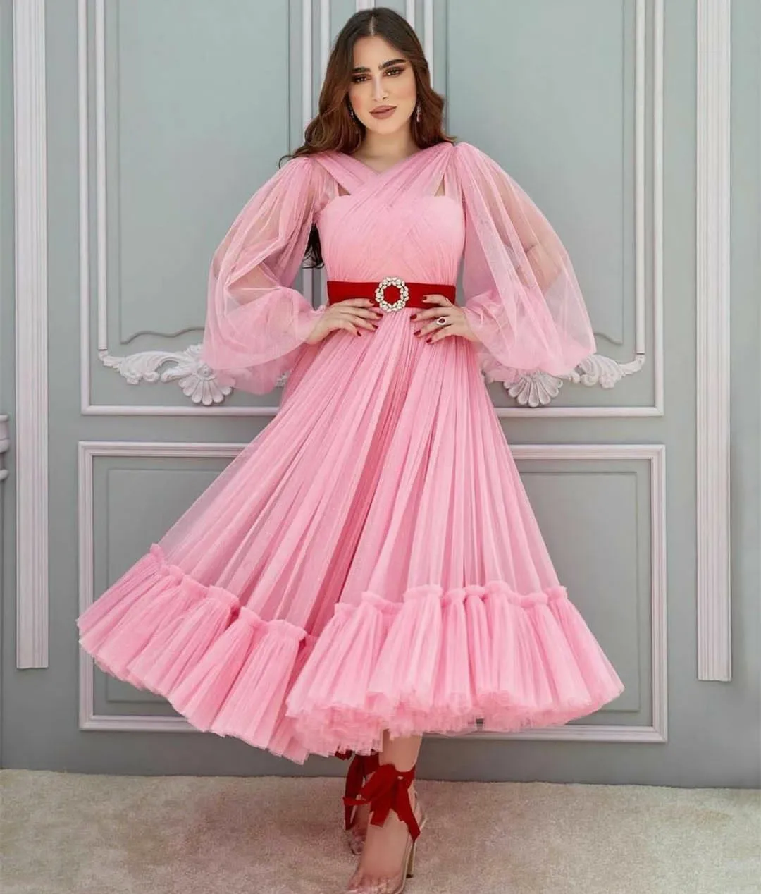 

Elegant Short Pink Tulle Evening Dress With Sash A-Line Long Sleeve Tea Length Robe De Mariée Party Gown For Women