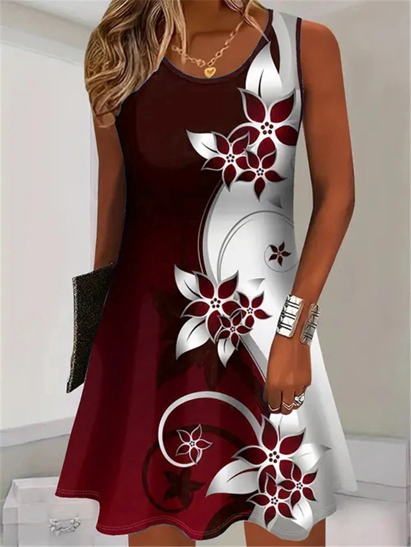 Fashion Floral Pattern Women Mini Dresses Summer Sleeveless Flower 3D Print Street Trend Ladies Dress 3XL Plus Size Casual Dress