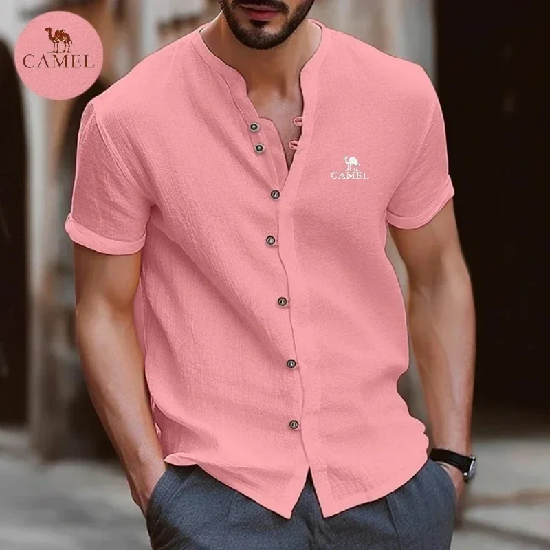 

Embroidered CAMEL High-quality Men's Spring/summer Short Sleeved 100% Cotton Linen Shirt Business Casual Loose Fitting Shirt