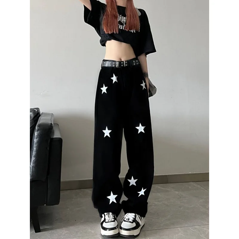 New High Street Star Print White Black Jeans Women's Denim Pants Korean Fashion Streetwear Y2k Clothes Pant Clothing High Waist
