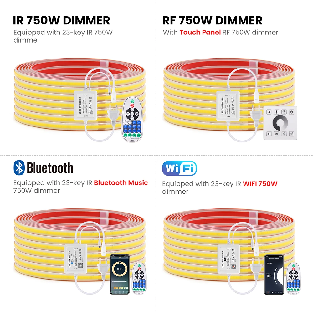 Dimmable 220V COB LED Strip Light WIFI Bluetooth Wall Touch 23key Remote Control Power Kit 288LED Flex Tape IP67 Waterproof Lamp 3