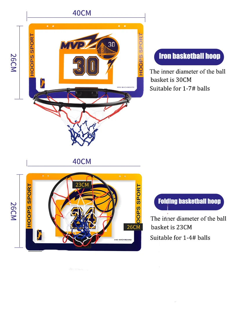 Mini basketball hoop set hanging on door for indoor play