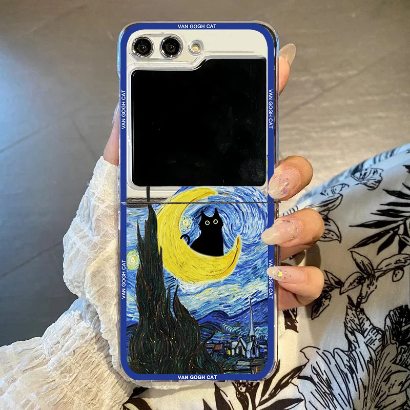 Aesthetic Black Cat Art Van Gogh Folding Phone Case, Clear Cover