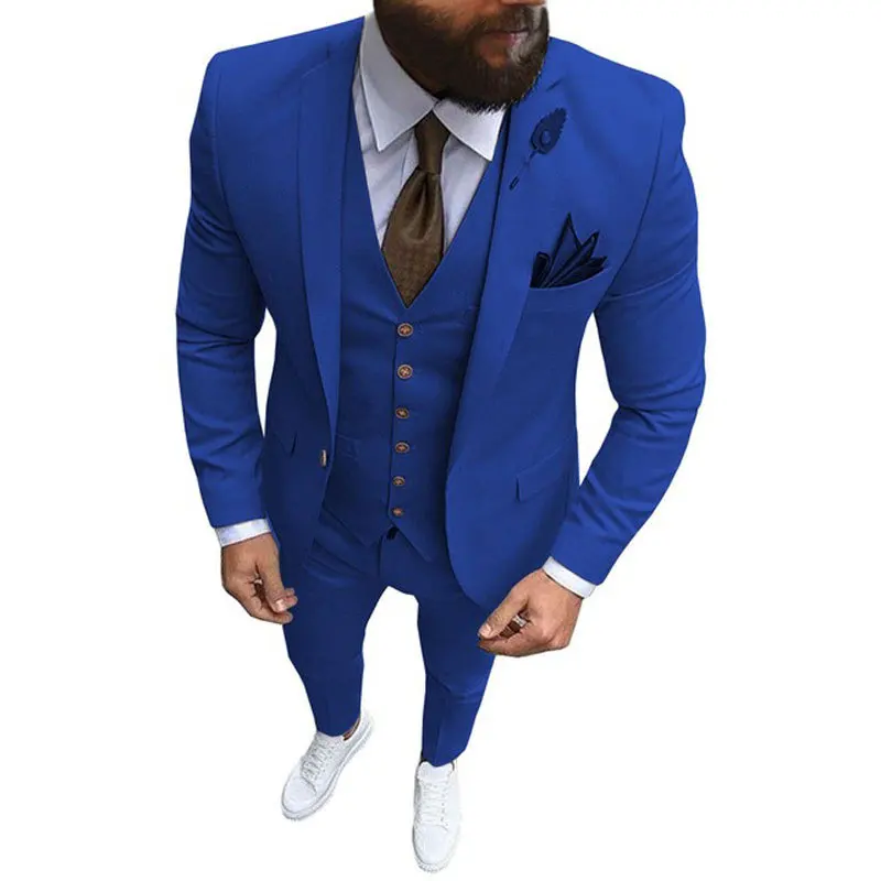 

Men Suit Costume Homme Blazer Spring Summer Blue White Single Breasted Notched Lapel Jacket Pants Vest Three Piece Slim Fit 2024
