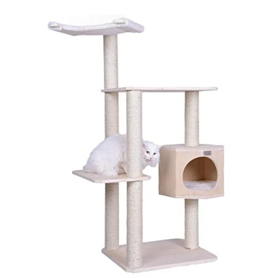 Premium Scots Pine 54-Inch Cat Tree with Three Levels Perch Condo in Natural Wood Tone for Cats Indoor Use