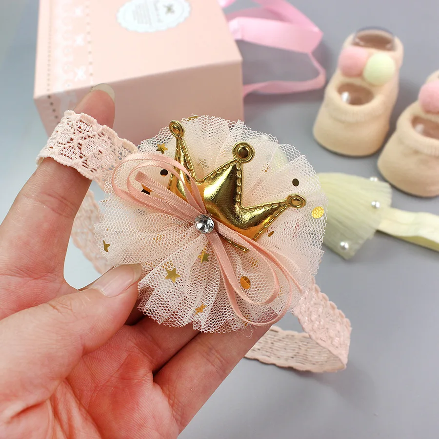 Baby Socks 3Pcs Baby Crown Headbands + Socks Set Kids Newborn Cartoon Anti-slip Floor Sock Shoes Bowknots Gifts 0-2T