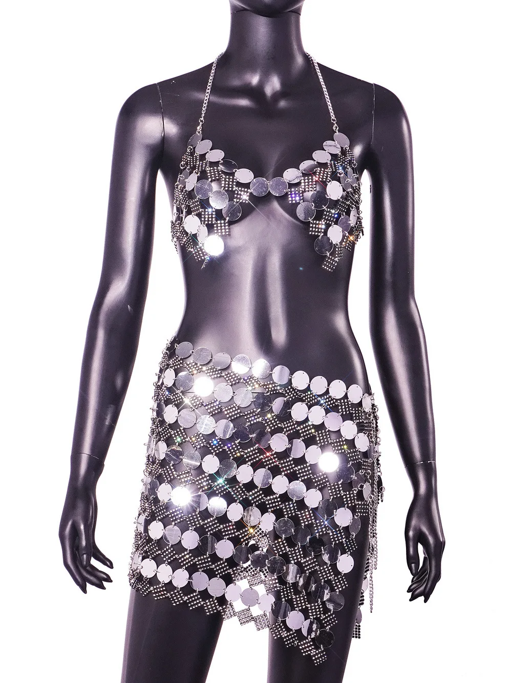 AKYZO Sexy Sequin Y2K Sets for Women 2 Pieces Shiny Skirt and Tops Summer Dresses Night Club Outfits 2021