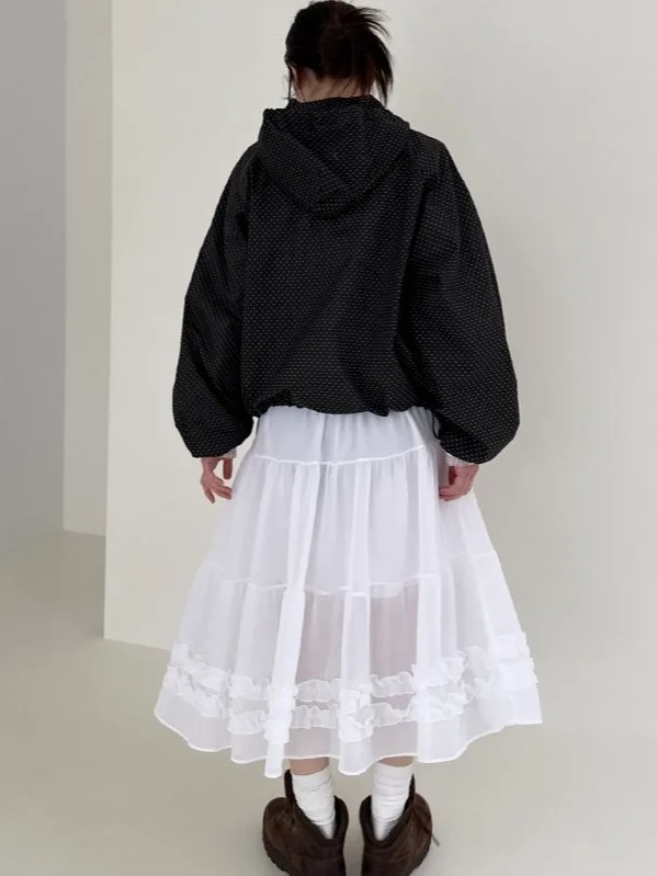 Chic Summer New Pure Color High-End Gauze Skirt f-length See-tough Bordered Musoom Lace Japanese Sle Casual Wear