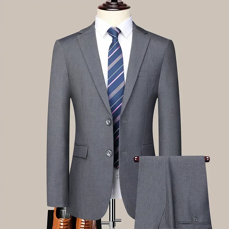 Solid Color Suit Men Fashion Business Outdoor Gentleman Trend Solid Color Casual Slim-fit Wedding Host Gentleman (Blazer+Pants)