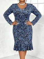 Plus Size Blue Leopard Print Bodycon Midi Dress V Neck Long Sleeve Lace up Ruffle Hem Women's Party Evening Wear - Image 3