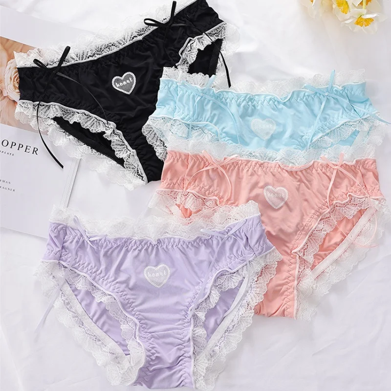 Cute Lolita Lace Panties Women Kawaii Love Heart Lingerie Underwear Girls Blue Pink Purple Ruffles Briefs Sexy Thongs Panty